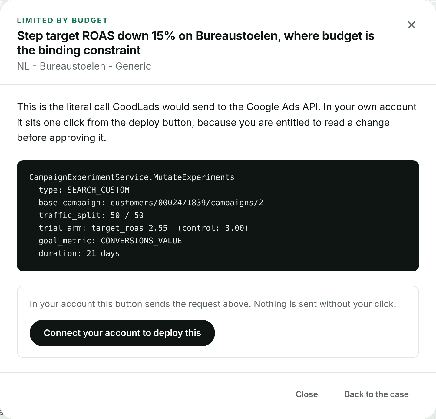 The exact Google Ads API request for a campaign experiment: a 50/50 traffic split with the trial arm at target ROAS 2.55 against a control of 3.00, measured on conversion value for 21 days.