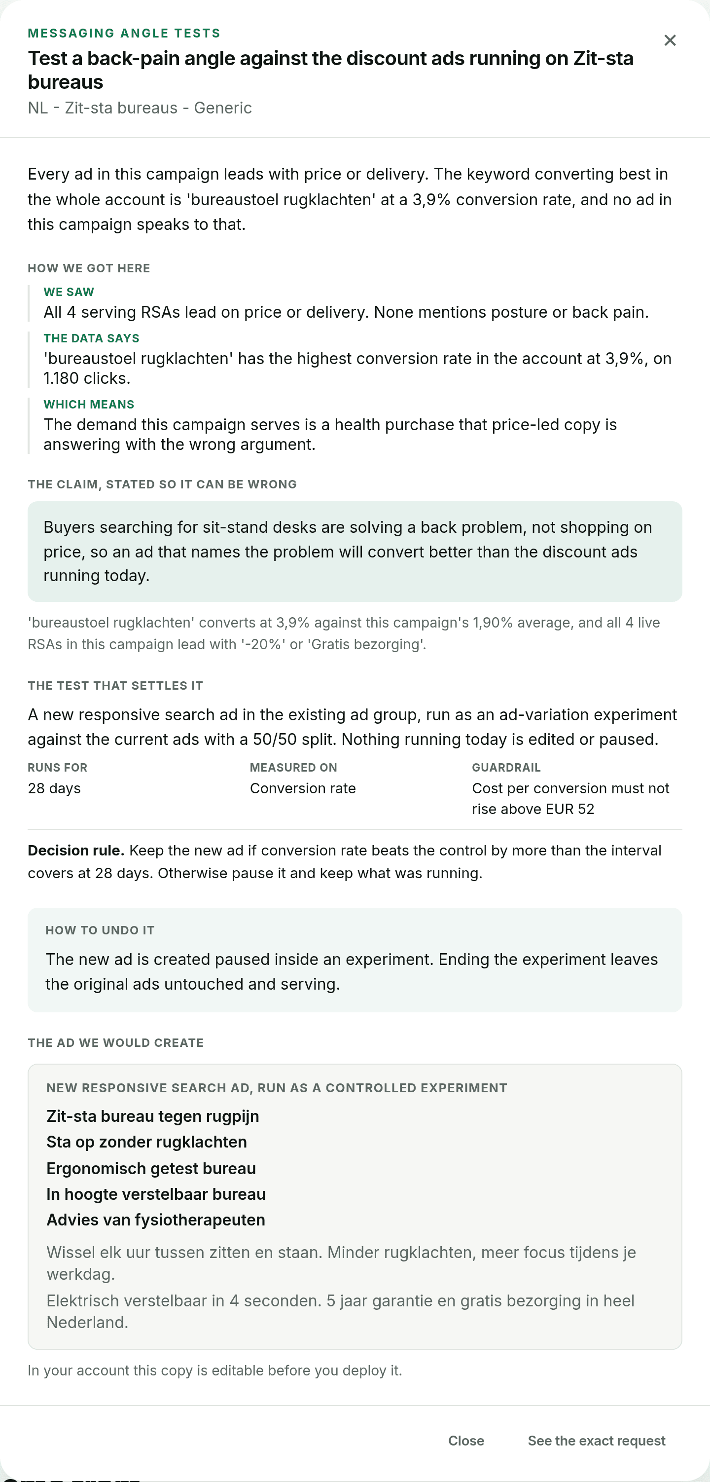 The case for testing a back-pain messaging angle against the discount ads running in an ad group, with the new responsive search ad headlines and the experiment design.